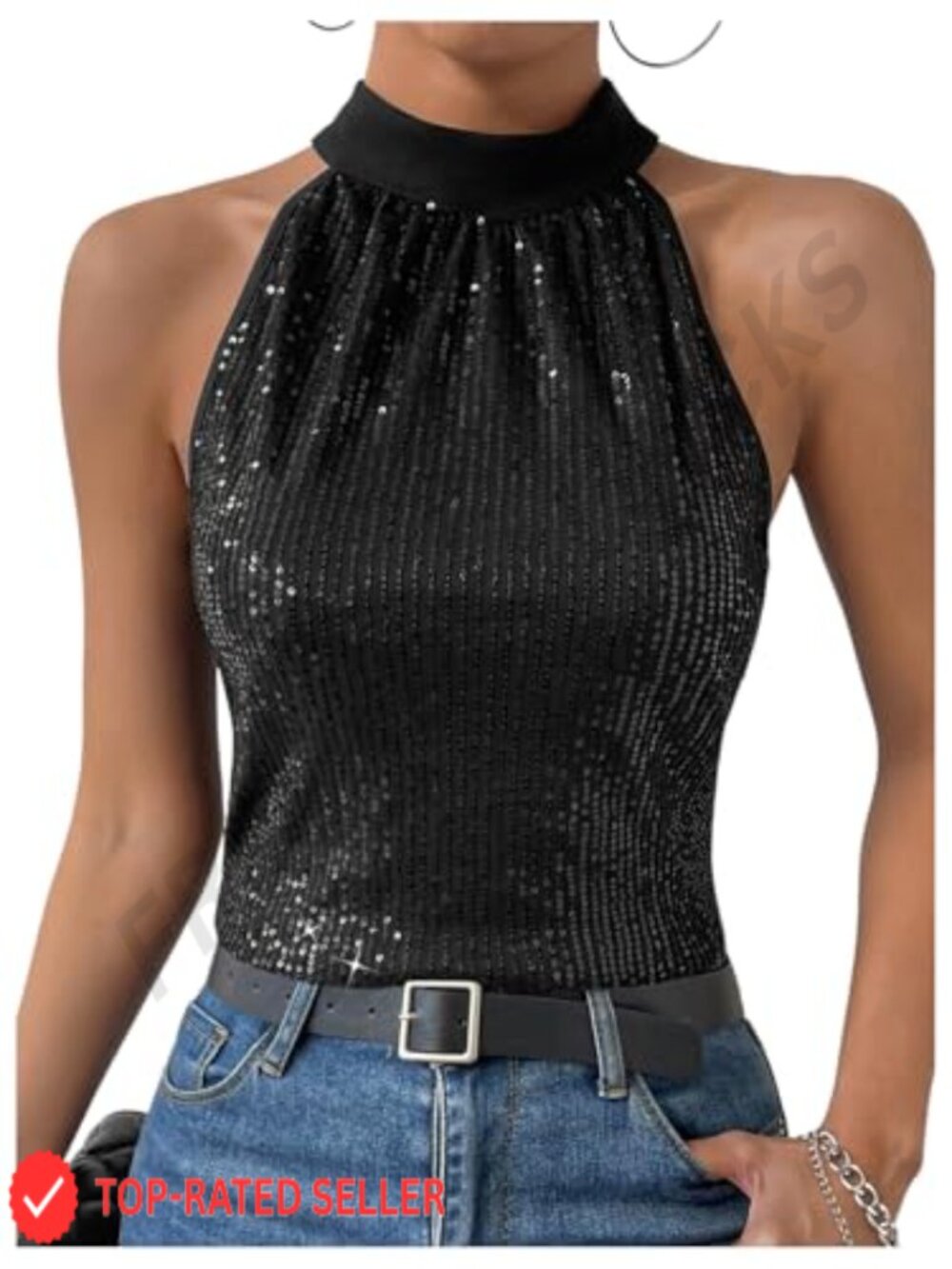 Sequin Halter Tank Top Sleeveless Tie Back Sparkly Party Top